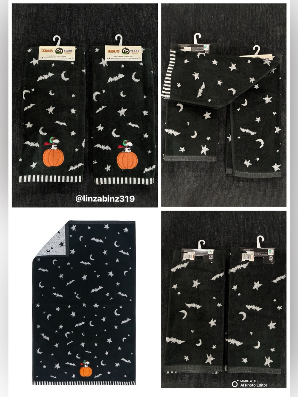 NWT- Peanuts Black & White- Halloween Hand Towels with Snoopy on a Pumpkin 25x16